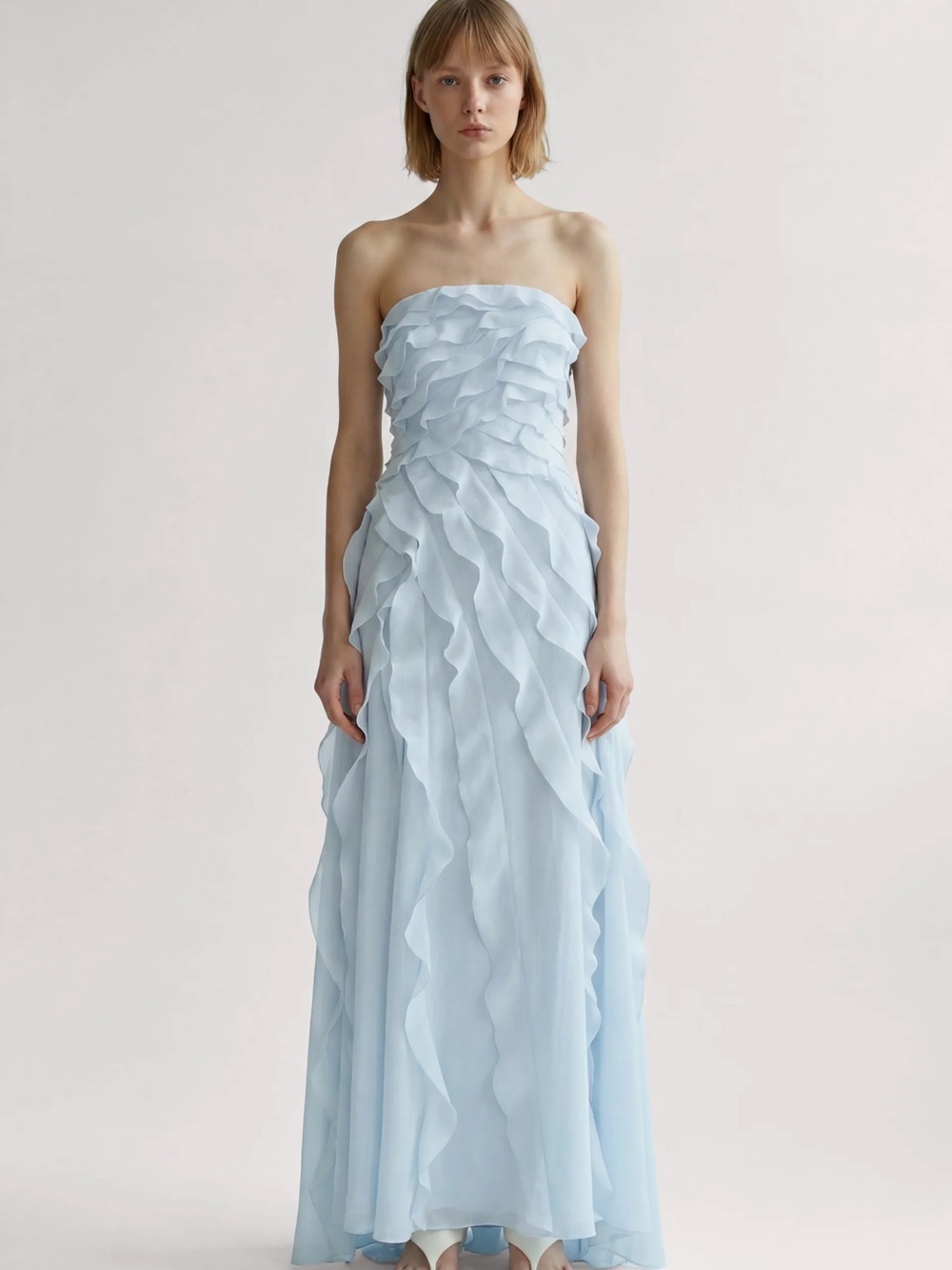 Aje Allarie Strapless Pale Blue Layered Ruffle Maxi Dress
